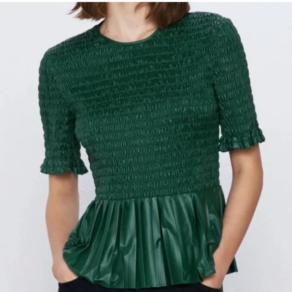 ZARA Green Faux Leather Smocked Peplum Top - Picture 12 of 13